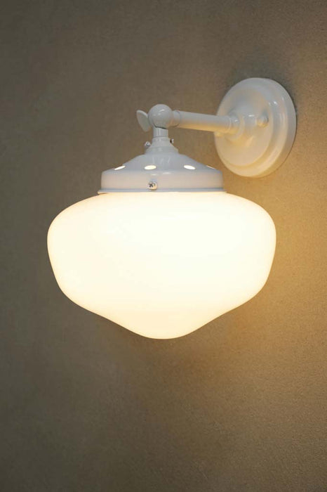 White wall light with small plain opal shade