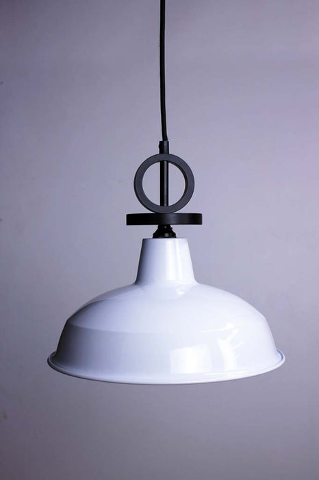 White warehouse style shade with black pendant cord with disc