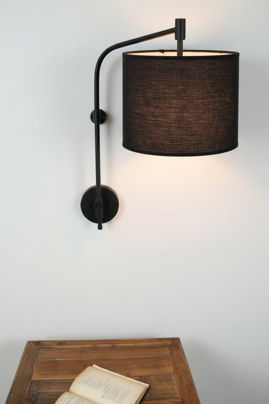 Wing arm wall light with black fabric shade