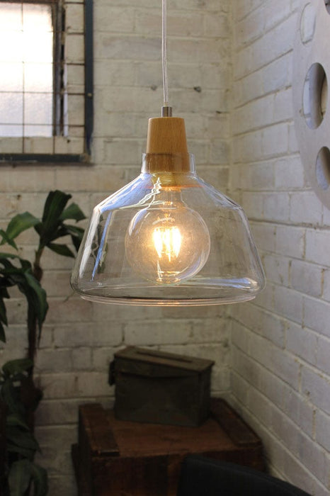 Wood top glass light pendant with 125 led bulb