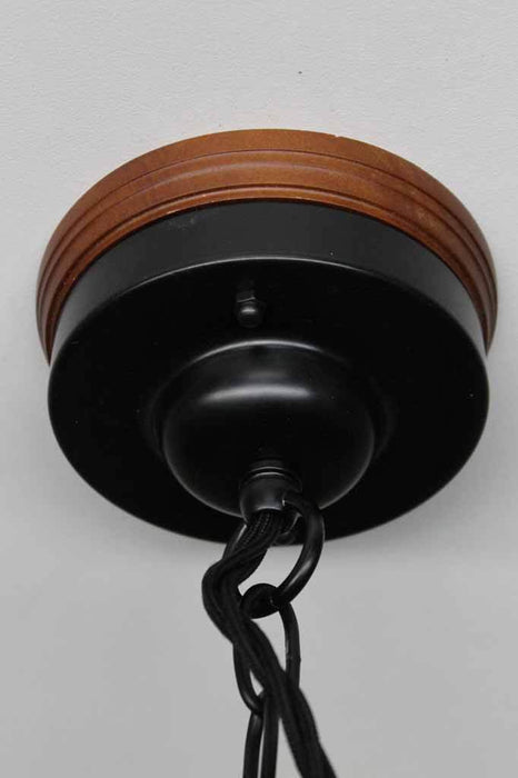 Wooden mounting block on black metal ceiling rose with chain for enamel lights. with twisted cord and chain suspension.