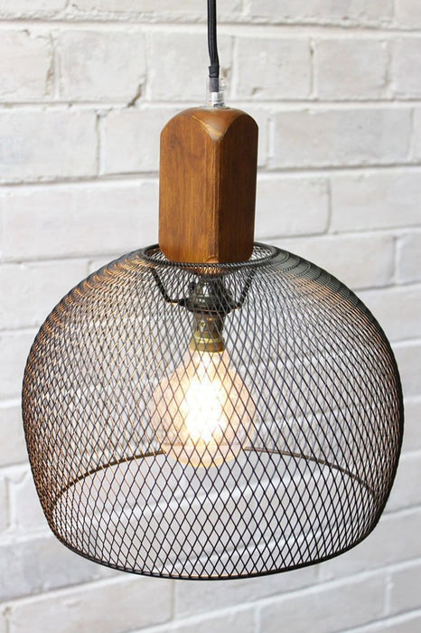 Woodtop basket pendant light in black metal with wooden pendant cord