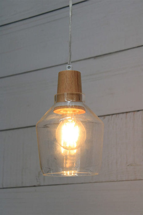 Wood top glass light pendant with led bulb