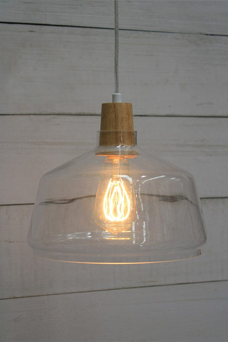 Wood top glass light with teardrop squirell cage edison bulb