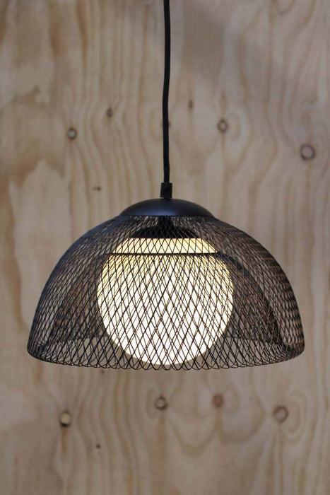 Black basket pendant with opaque glass shade
