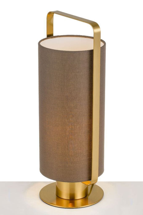 Mid-century style lamp with gold base and fixtures with brown fabric cylindrical shade