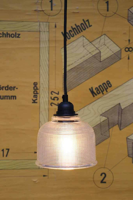 Clear halophane glass pendant light. crosshatch vintage glass shade. online lighting Australia