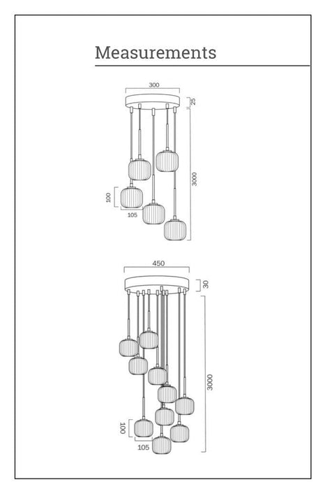 Measurements for five or ten pendant drop chandeliers