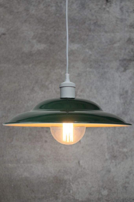 Green barn shade pendant with white cord