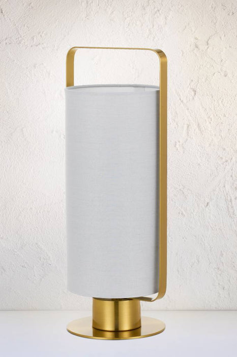 Mid-century style lamp with gold base and fixtures with grey fabric cylindrical shade