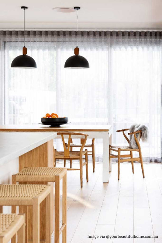 Wooden dome block pendant light over table