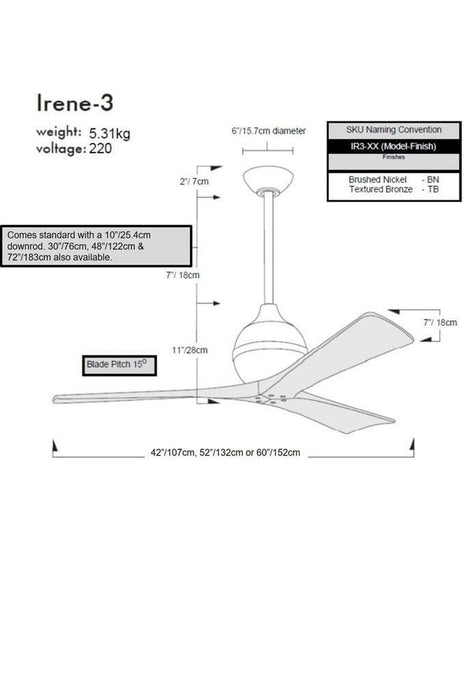 Irene 3 ceiling fan dimensions for installation