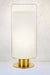 Mid-century style lamp with gold base and fixtures with ivory fabric cylindrical shade