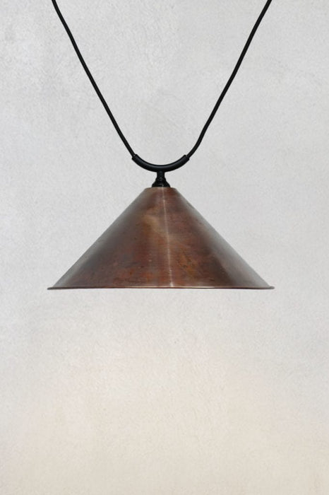 Large aged copper cone shade on trapeze pendant