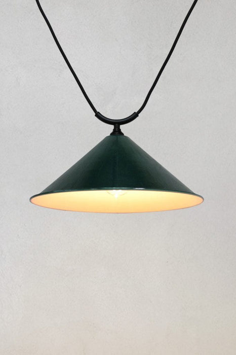Large green steel cone shade on trapeze pendant