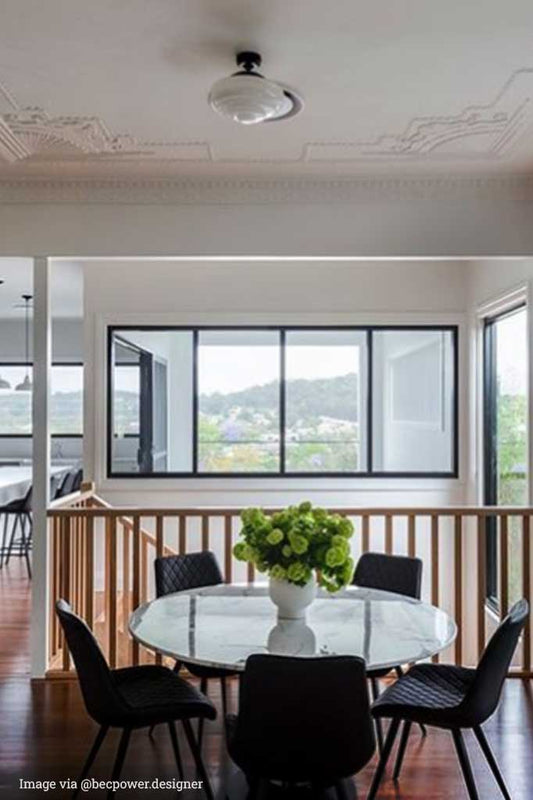 Flush Mount Light with retro style over a dining table.
