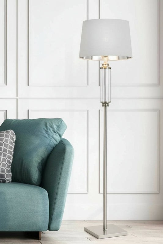Glass floor lamp with white shade