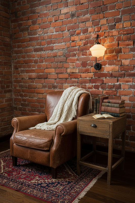 schoolhouse style lamp in reading nook. Swivel arm