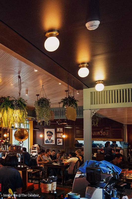 Bunker globe lights with a round milky glass ball in a restaurant ceiling