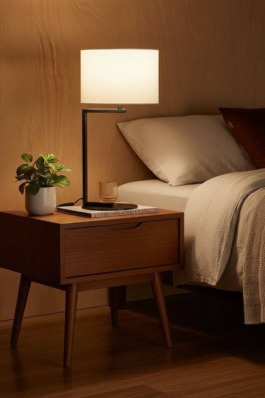 White shade black base lamp in a earthy toned lounge setting 