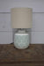 Natural linen shade with teal on cream batik patterned table lamp base