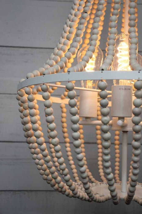 Natural white wooden beading with exposed bulbs on a  pendant light