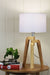 Timber tripod scandi lamp with white shade on timber table