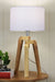 Timber tripod scandi lamp with white shade on timber table
