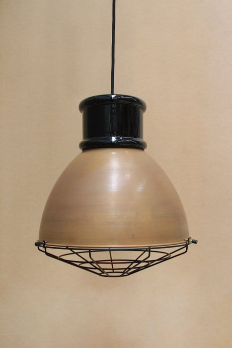 Aged brass shade with short black cover and cage