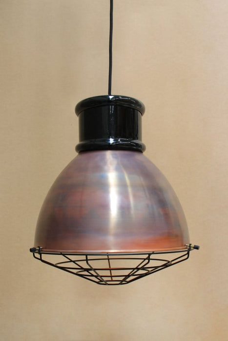 Aged copper shade with short black cover and cage