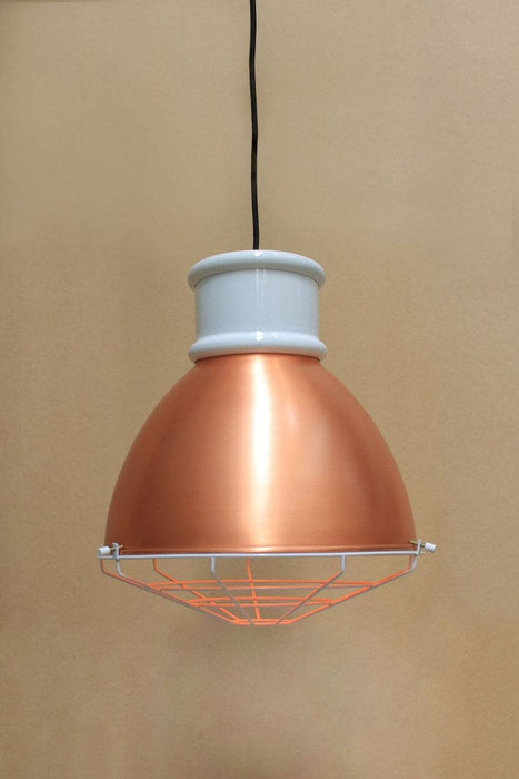 Bright copper shade with short white cover and cage