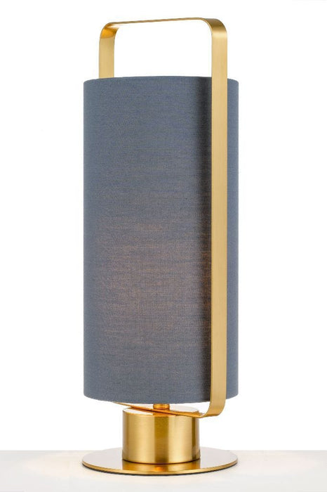 Mid-century style lamp with gold base and fixtures with blue fabric cylindrical shade