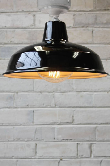 Small black factory pendant with white batten