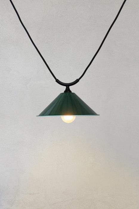 Small green steel cone shade on trapeze pendant