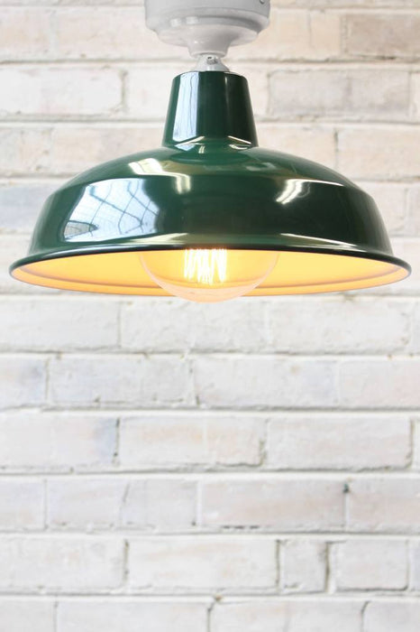 Small green factory pendant with white batten