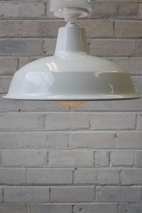 Small white factory pendant with white batten