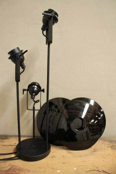 Three black enamel shades on a rod pendnant with black ceiling rose