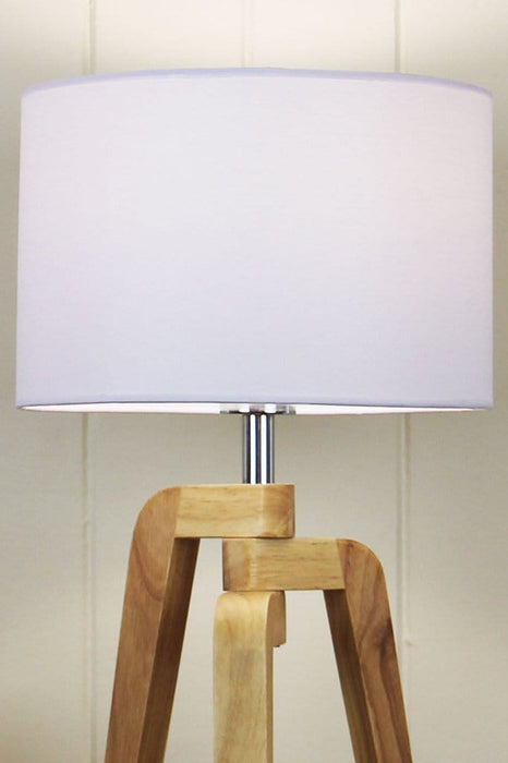 Timber tripod scandi lamp with white shade